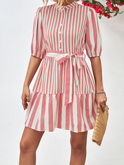 Buttoned Striped Half Sleeves Loose Stand Collar Mini Dresses