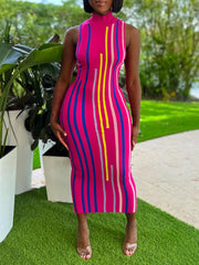 Contrast Color Printed Bodycon High Waisted High Neck Midi Dresses