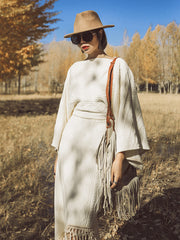 Vacation Loose Puff Sleeves Tasseled Solid Color Round-Neck Maxi Dress