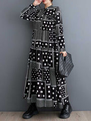 Buttoned Polka-Dot Printed Split-Joint Long Sleeves Loose Midi Dresses