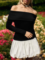 Contrast Color Pleated Split-Joint High Waisted Long Sleeves Off-The-Shoulder Mini Dresses