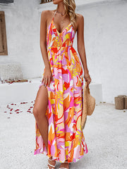 Backless Elasticity Pleated Printed Split-Side Tied High Waisted Sleeveless Halter-Neck Maxi Dresses