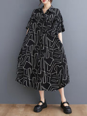Abstract Printed Loose Lapel Midi Dresses