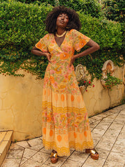 Bohemia Half Sleeves Floral Printed Deep V-Neck Maxi Dress