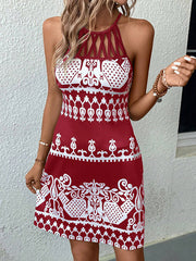 Hollow Printed Split-Joint Loose Sleeveless Halter-Neck Mini Dresses