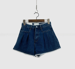 Lace Trim High Waist Denim Shorts - Casual Loose Fit