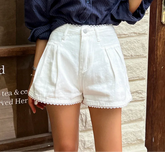 Lace Trim High Waist Denim Shorts - Casual Loose Fit