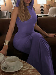 Hooded Solid Color Split-Back Bodycon High Waisted Maxi Dresses
