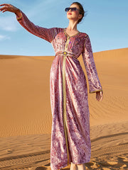 Vacation Long Sleeves Loose Lace-Up Embroidered V-Neck Dress