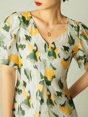 Pleated Printed Loose Puff Sleeves V-Neck Midi Dresses