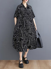Abstract Printed Loose Lapel Midi Dresses