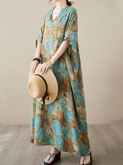 Printed Loose Short Sleeves V-Neck Maxi Dresses