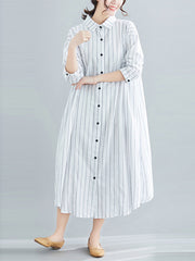 Simple Striped Buttoned Lapel Long Sleeves Shirt Dress
