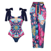 Blue Constellation Print Lace Up One Piece Swimsuit and Sarong (Shipped on Jan 10th)