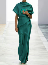 Loose Short Sleeves Pleated Solid Color Maxi Dresses