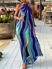 Colorful Striped Loose Sleeveless Halter-Neck Maxi Dresses