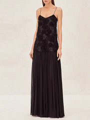 3D Flower Pleated Splicing Sleevless Spaghetti-Neck Elegant Maxi Dresses