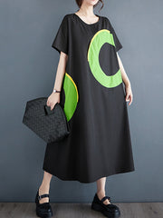 Contrast Color Pockets Printed Loose Short Sleeves Round-Neck Midi Dresses
