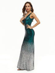 Evening Wrap Sleeveless Embroidered Gradient V-Neck Maxi Dress