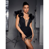 Sexy 3D Flower V Neck Rhinestone Mini Dress