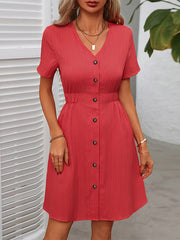 Buttoned Elasticity Solid Color A-Line Loose V-Neck Mini Dresses