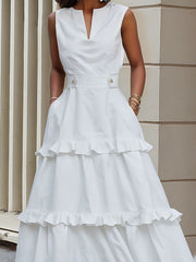 A-Line High Waisted Buttoned Pleated Pockets Solid Color Split-Joint V-Neck Maxi Dresses