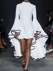 Solid Color Flared Sleeves Long Sleeves Stand Collar Mini Dresses