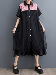 Falbala Printed Split-Joint Loose Short Sleeves Lapel Midi Dresses