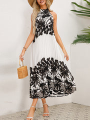 Hollow Pleated Printed Tied A-Line Loose Mock Neck Midi Dresses