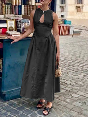 Buttoned Elasticity Pleated Solid Color A-Line Loose Round-Neck Maxi Dresses