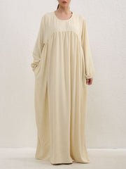 Pleated Solid Color Split-Joint Long Sleeves Loose Round-Neck Maxi Dresses