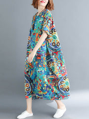 Stylish Asymmetric Printed Round-Neck Loose Batwing Sleeve Midi Dress