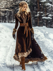 Velvet Patchwork Wool Long Sleeve Retro Maxi Dress