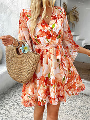 Flower Print Ruffle Trim Split-Joint Tied Waist Flared Sleeves Half Sleeves V-Neck Mini Dresses
