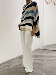 Colorful Striped Printed Batwing Sleeves Elegant Split-joint Shirt+Pants Sets