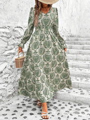 Elasticity Printed Split-Joint Loose Puff Sleeves V-Neck Maxi Dresses