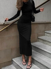 Solid Color Split-Joint Bodycon Long Sleeves Round-Neck Maxi Dresses