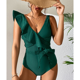 Flaxmaker Sexy Solid Color Ruffle One Piece Swimsuit