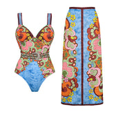 Sling Color Blcok Printed One Piece Swimsuit and Skirt(Shipped on Jan 11th)