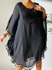Hollow Solid Color Sun Protection Tasseled Batwing Sleeves Loose Round-Neck Midi Dresses Cover-Ups Tops