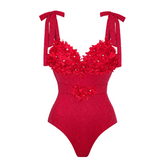 Pure Red Color 3D Flower Texture Fabric One Piece Swimsuit and Skirt (Shipped on Jan 14th)