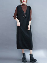 Vintage Solid Color Knitting V-Neck Sleeveless Sweater Dress