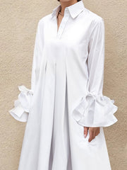 Pleated Solid Color Split-Joint Flared Sleeves Lapel Shirt Dress Maxi Dresses
