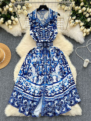 Belt Buckle Buttoned Contrast Color Floral Printed Sleeveless Midi Dresses