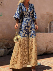 Flower Printed Gradient Color Half Sleeves Bohemia Maxi Dresses