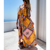 V Neck Ethnic Style Vintage Printed Waist Dress