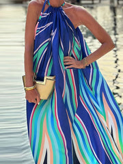 Colorful Striped Loose Sleeveless Halter-Neck Maxi Dresses