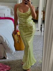 Shiny Sequinned Spaghetti-Neck Backless Sexy Maxi Dresses