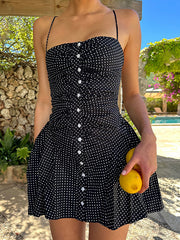 Pleated Polka Dot Spaghetti Strap Mini Dress In Black