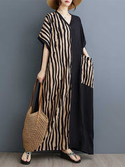 Contrast Color Pockets Split-Joint Striped A-Line Batwing Sleeves V-Neck Maxi Dresses